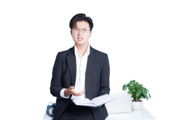 Frustrated Office Worker: A stern business person expresses their dissatisfaction with a document and a plant beside. 