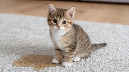 Adorable fluffy kitten sitting on soft rug in cozy living room, exploring its surroundings with curiosity and charm, perfect for pet lovers and home decor themes