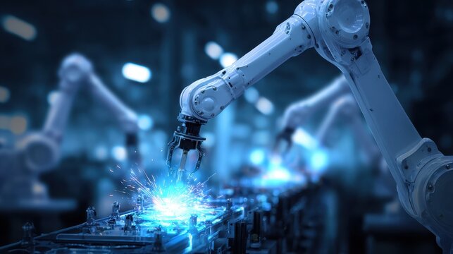 Automated robotic arms working on high-precision assembly line with sparks in modern industrial plant