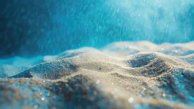 A close-up view of sparkling droplets on a textured surface with a blue background.