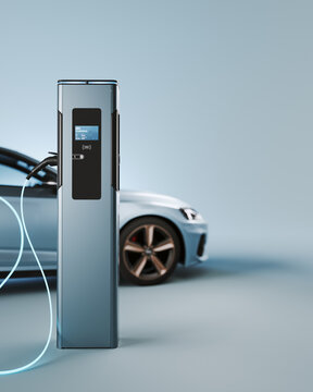 Gray electric car connected to charger on gray background with copy space. 3D Rendering, 3D Illustration