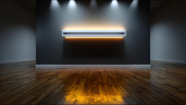 Horizontal wall lamp brightly illuminates a dark wall and wooden floor in an empty room, creating warm atmospheric highlights on the polished parquet