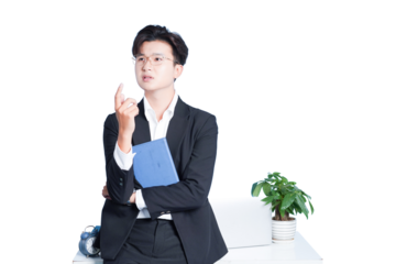 Introspective Leader: A thoughtful individual in a suit contemplates, notepad in hand, an image of an insightful leader reflecting on a complex issue. 