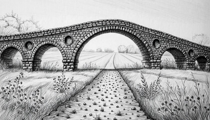 Historic Stone Arch Bridge Over Open Field in Black and White.