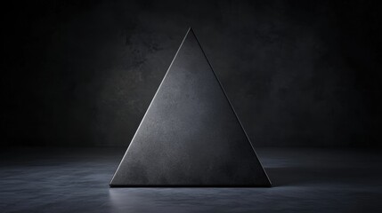 A black triangular prism stands on a gray floor against a dark background.