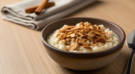 Creamy rice pudding topped with toasted almonds and cinnamon on a wooden table for a healthy breakfast or wholesome dessert concept and nutritious eating