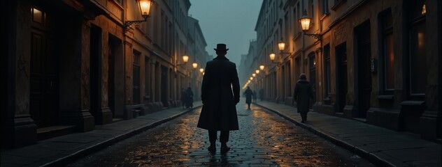 A solitary figure stands silhouetted against a dimly lit, historic street lined with antique lamps and aged buildings.