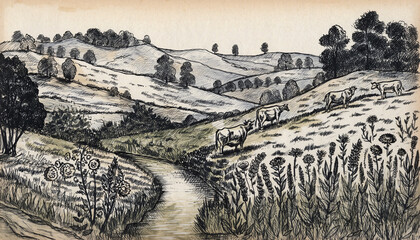Pastoral landscape with winding river and rolling hills sketch.