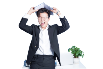 Joyful Professional: A young man, filled with energy, in a sleek suit, with a laptop in a vibrant, modern office, radiating enthusiasm and excitement, celebrating triumph and professional fulfillment.