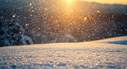 Snow-covered landscape with sunlight and falling snowflakes in winter  
