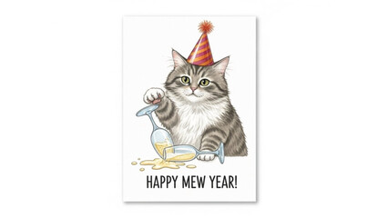Watercolor Funny New Year Cat, Happy Mew Year Party Kitty Illustration, Spilled Champagne Humor Greeting Card Art