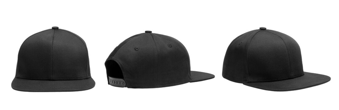 Set of black snapback mockup, cap mockup, hat mockup isolated on solid white background