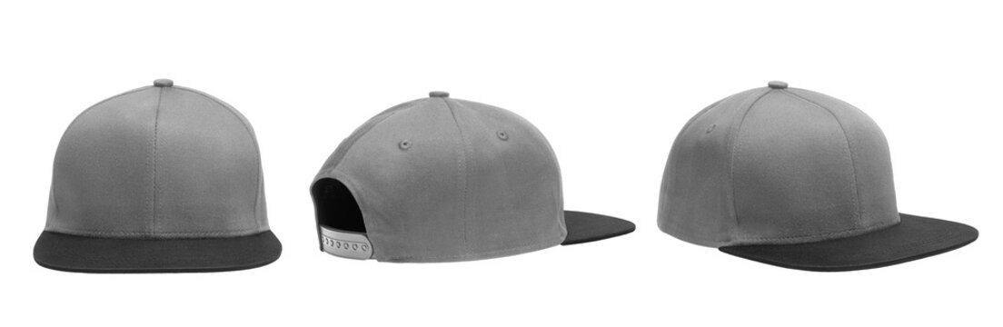 Set of grey black snapback mockup, cap mockup, hat mockup isolated on solid white background