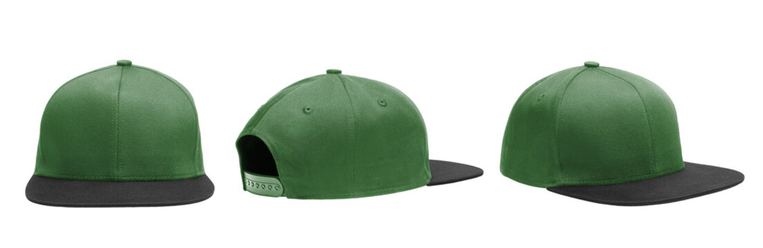 Set of green black snapback mockup, cap mockup, hat mockup isolated on solid white background