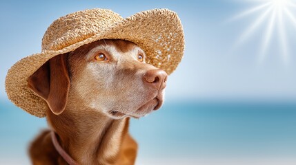 Golden retriever wearing straw hat on sunny beach day with blue sky