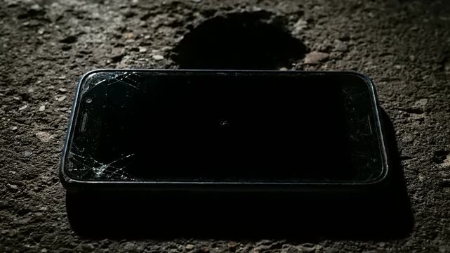 Cracked smartphone screen on dark rugged ground with hole