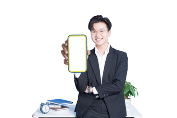 Tech-Savvy Professional: A smiling person in business attire presents a sleek smartphone, showcasing modern communication and connectivity