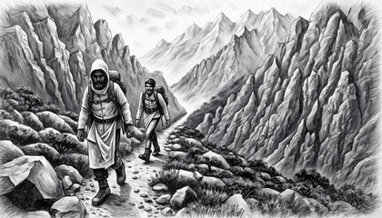 Two Astronauts Trek Across Rugged Mountain Landscape Illustration.