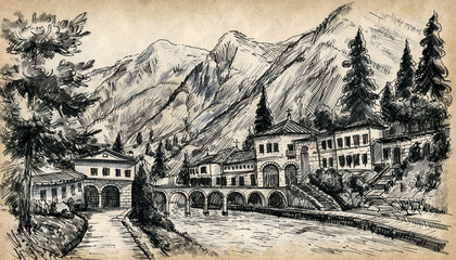 Rugged Mountain Village Scene with Bridge and Pines.