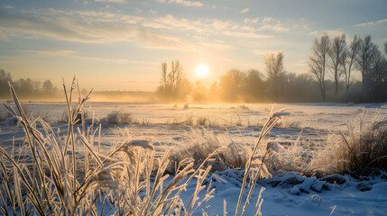 Cozy Winter Warm Sun Landscape Collection, Featuring Soft Golden Sunlight Over Snow-Covered Fields, Frosty Forests and Rustic Cabins, Ideal for Seasonal Greeting Cards, Holiday Posters, Winter-Themed 