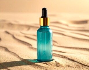 Skincare Bottle Hero Mockup on Sand Texture with Golden Reflection