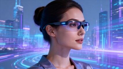 Woman wearing futuristic smart glasses in cityscape