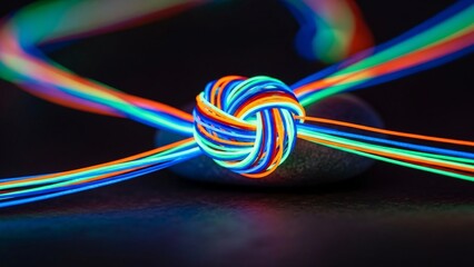 Vibrant, intertwined colorful cables create a complex knot, symbolizing connection and technology against a dark background.