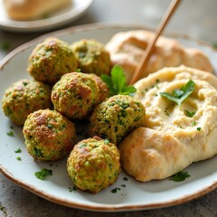 Falafel balls with hummus and pita bread.