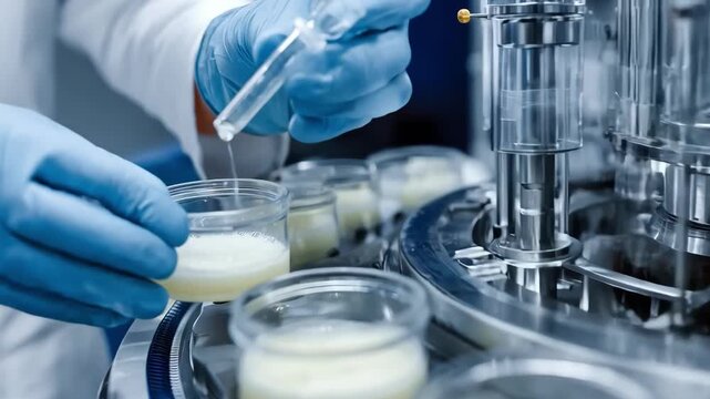 Scientist in lab coat carefully extracts cellulase enzymes from fungal cultures using sterile techniques in a modern industrial biotechnology facility.