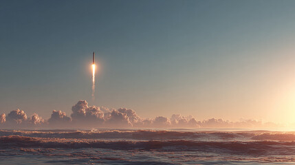A rocket ascends to space, its fire contrasting against a serene beach sunrise. The ocean mirrors the dawn's glow. A visual spectacle.