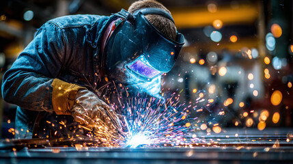 A skilled worker welds metal in a factory, showcasing sparks and craftsmanship. Safety gear and focus define the process. Innovation in industry.