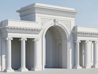 Elegant neoclassical architecture featuring a grand archway and ionic columns under a clear blue sky, symbolizing entry and historical grandeur.