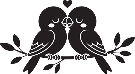 Black and white illustration of two love birds on a branch