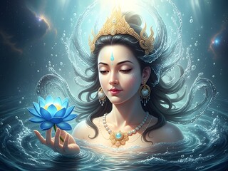 Ethereal Water Goddess with Crown Emerging from Mystical Waters, Holding a Glowing Blue Lotus Flower, Representing Purity and Spirituality