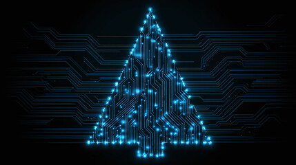 A digital Christmas tree is formed from glowing blue circuit board traces against a black background, symbolizing technology and the holiday season.