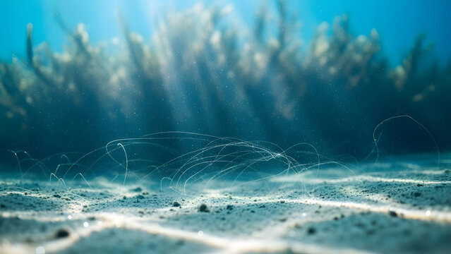 Abstract underwater sparkling light trails over sandy seabed with dreamy blue atmospheric glow - Powered by Adobe