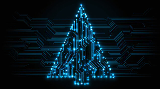 A digital Christmas tree is formed from glowing blue circuit board traces against a black background, symbolizing technology and the holiday season. - Powered by Adobe