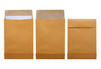 Brown envelope front and back isolated on white background. Letter top view. Object with clipping path