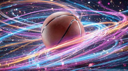 A basketball floats in space surrounded by streaks of blue, pink and yellow light trails, creating a vibrant & dynamic scene.