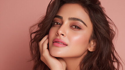 Naklejka premium Close-up portrait of a woman with wavy brown hair, soft pink makeup and a natural expression against a solid light pink background.