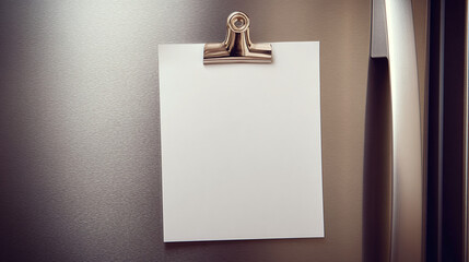 Blank note clipped on a brushed metal refrigerator door, creating space for a message or list.  Waiting for creativity. Ready to fill.