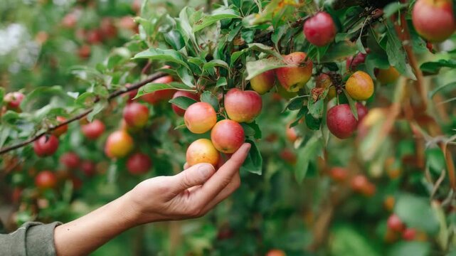 Medium shot of a gardener examining dwarf apple trees laden with small ripe apples in a home garden setting