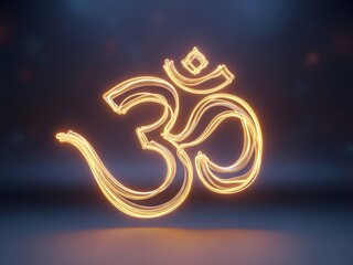 Glowing Golden Om Aum Symbol Radiating Spiritual Energy on Dark Background with Copy Space