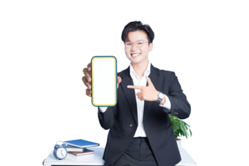 Tech-Savvy Professional: A sharp-dressed professional showcases a mobile phone with a blank screen, emphasizing modern communication. The background highlights an indoor office environment.