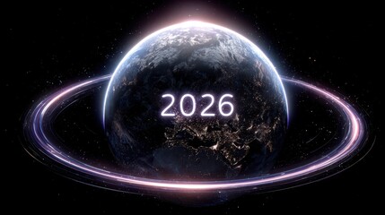 Conceptual image of planet Earth with glowing rings and year 2026 in outer space