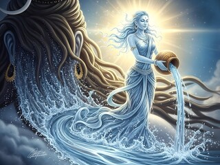 Goddess Ganga Descending from Heavens, Pouring Sacred Water onto Lord Shiva's Hair, Mythological Depiction of Ganges River Origin