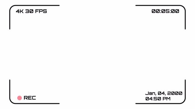 Video Camera Recorder Screen Overlay Interface with Alpha Channel, Digital Recording Viewfinder Display, Minimal HUD Frame Design, 4K Footage