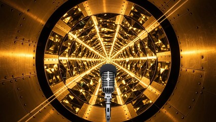 Obraz premium Retro microphone stands on stage amidst a dazzling golden tunnel of light and reflections