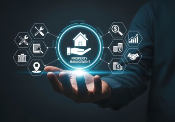 Naklejka premium Hand holding property management icon surrounded by various business related icons in hexagons