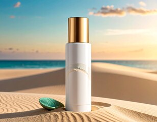 White Bottle Hero Mockup on Sand Texture with Warm Golden Reflection